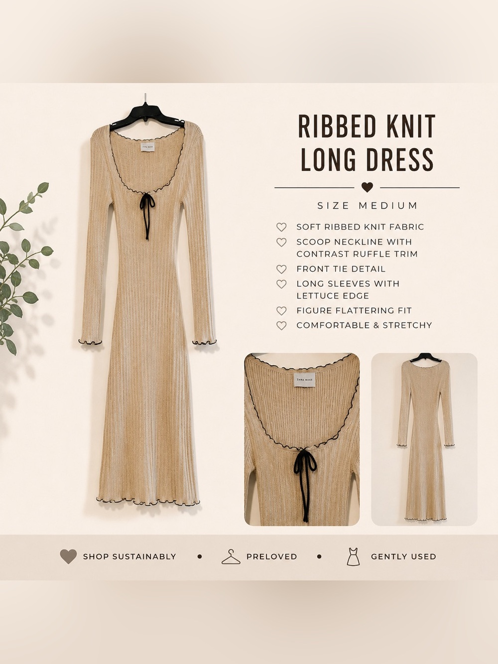 Source Unknown Beige Ribbed Long-Sleeve Dress with Black Trim